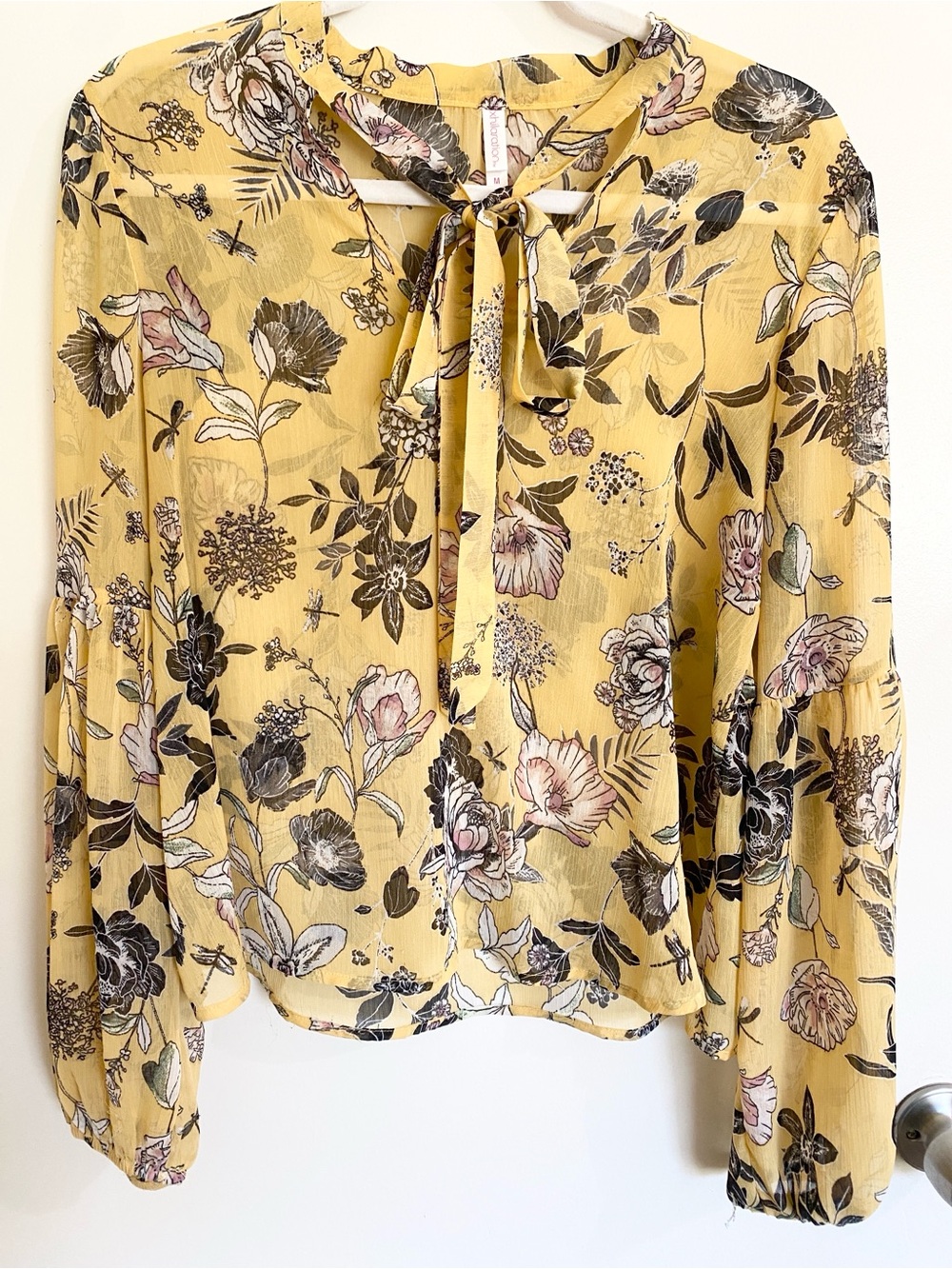 Flowy Floral Chiffon Tie-Neck Long Puff Sleeve Blouse - Medium Yellow